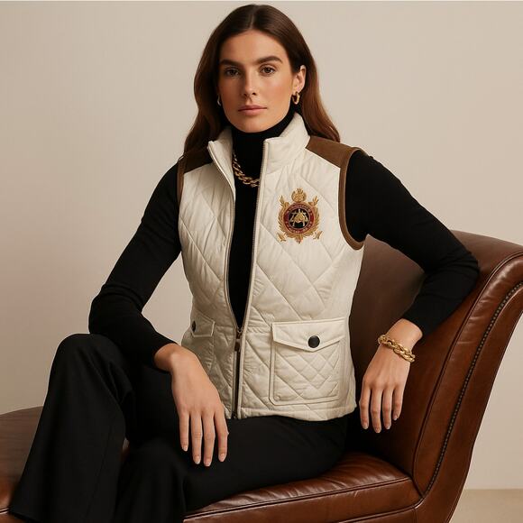 POLO RALPH LAUREN Challenge Equestrian Quilted Vest Ivory Brown Suede Sz S {M5} - Picture 1 of 5